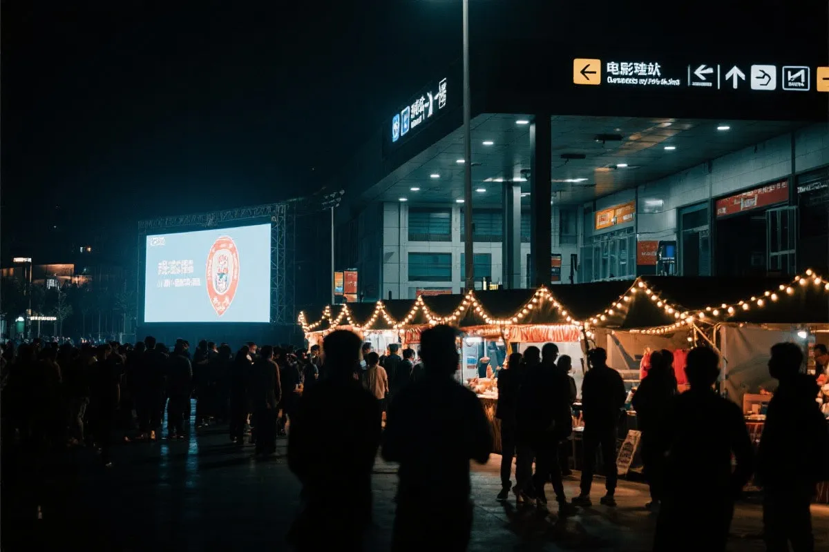 费城球迷广场夜景：大屏观赛人群、步行指示牌与公共交通入口